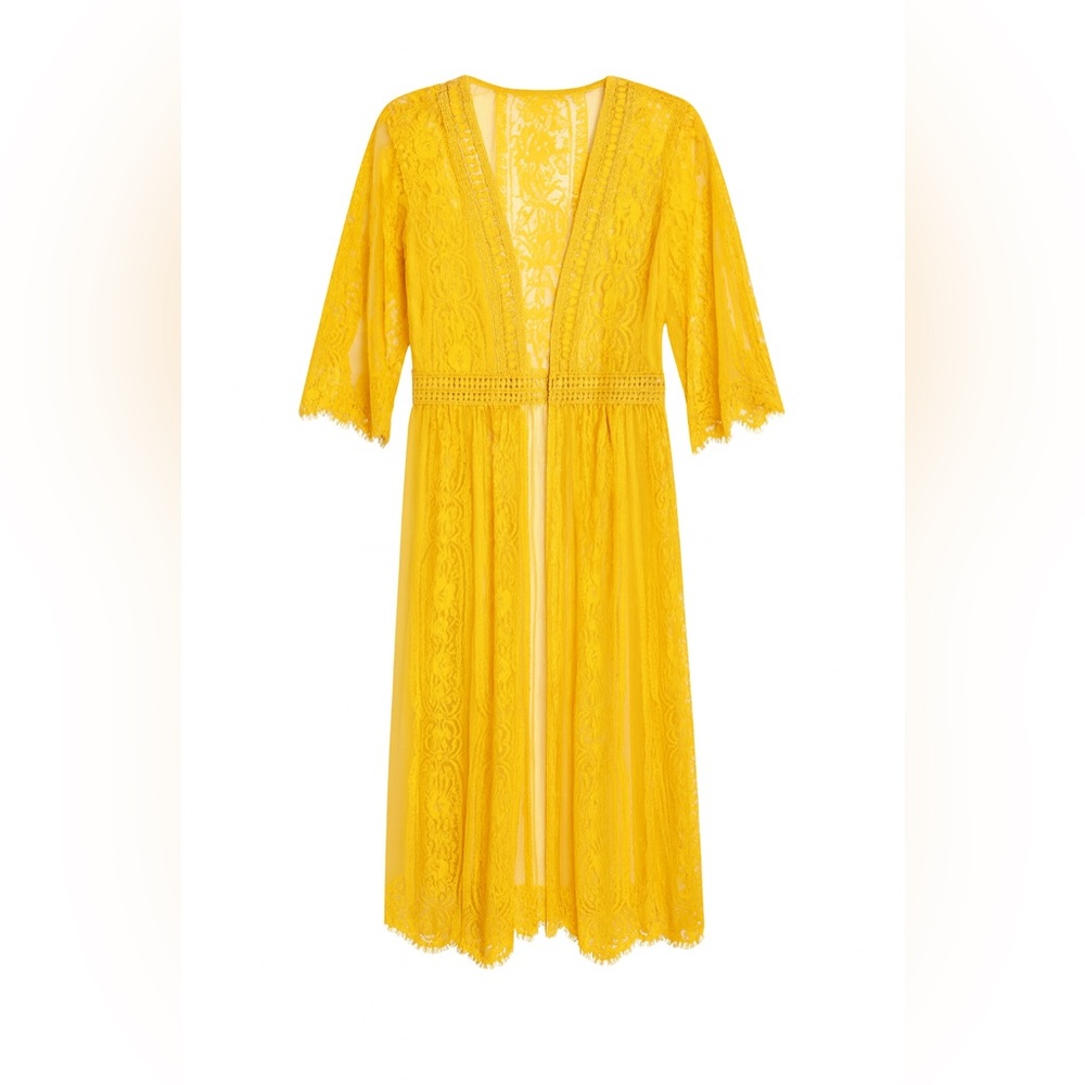 Blue Rain Yellow Lace Maxi Kimono